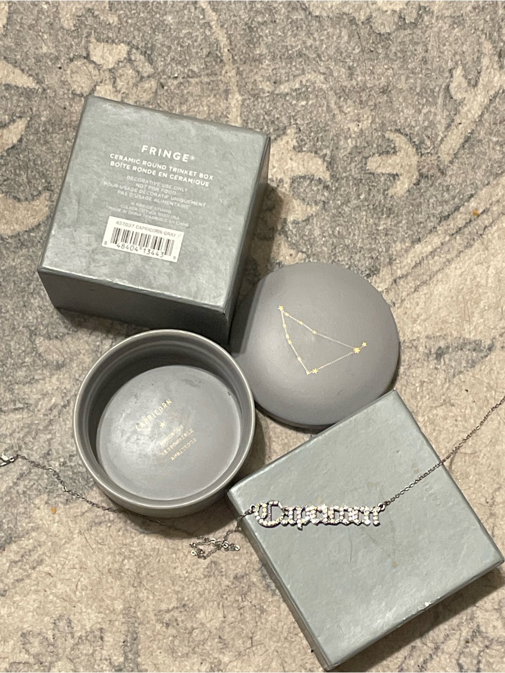 Ceramic Trinket Box with Gold Constellation with Capricorn necklace